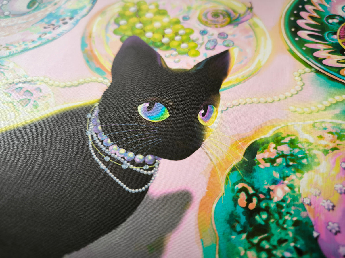 Black cat wearing a pearl necklace on a colorful, patterned background