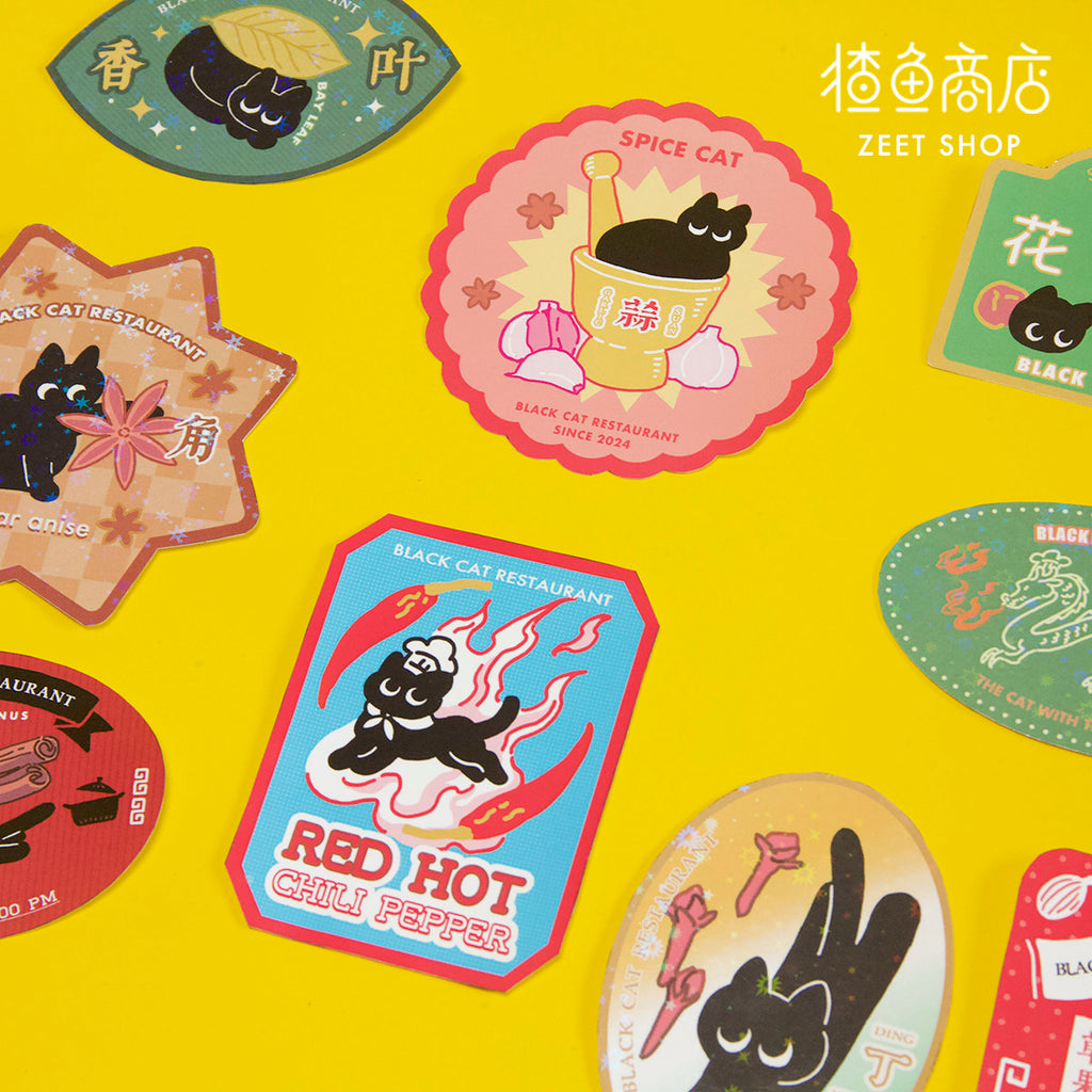 Collection of colorful stickers with black cat designs on a yellow background, featuring the Zeet Shop brand.