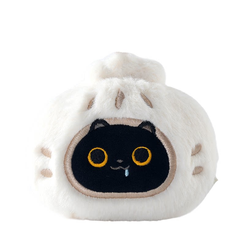 Plush toy with a black cat face design on a white background