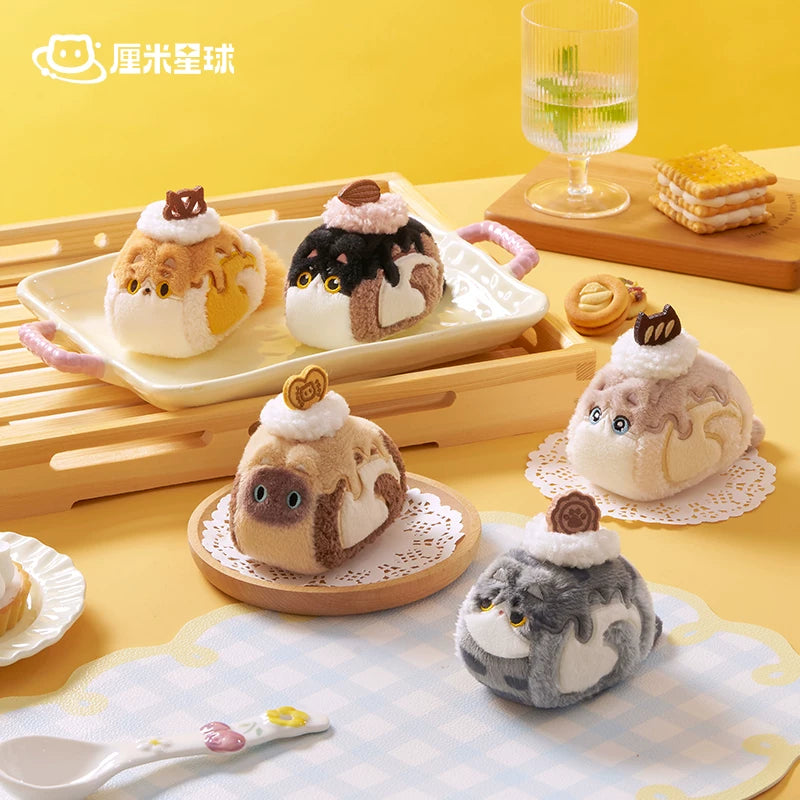 Plush toys resembling desserts on a yellow background with a glass of water and cookies.