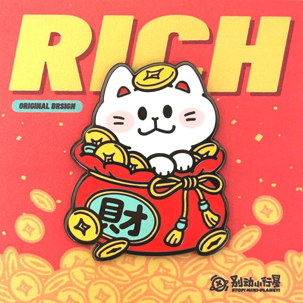 Animated cat character with a bag of money on a red background with 'RICH' text.