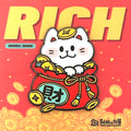 Animated cat character with a bag of money on a red background with 'RICH' text.