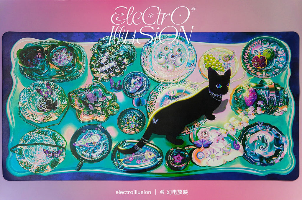 Black cat on a colorful desk mat with 'Electro Illusion' branding
