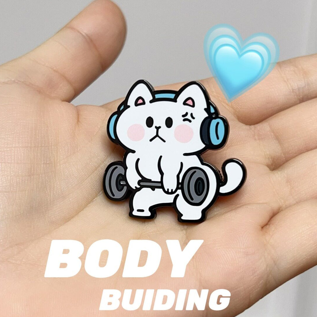 Cartoon cat lifting weights with headphones on, held in a hand with a heart symbol and text 'BODY BUILDING' below.