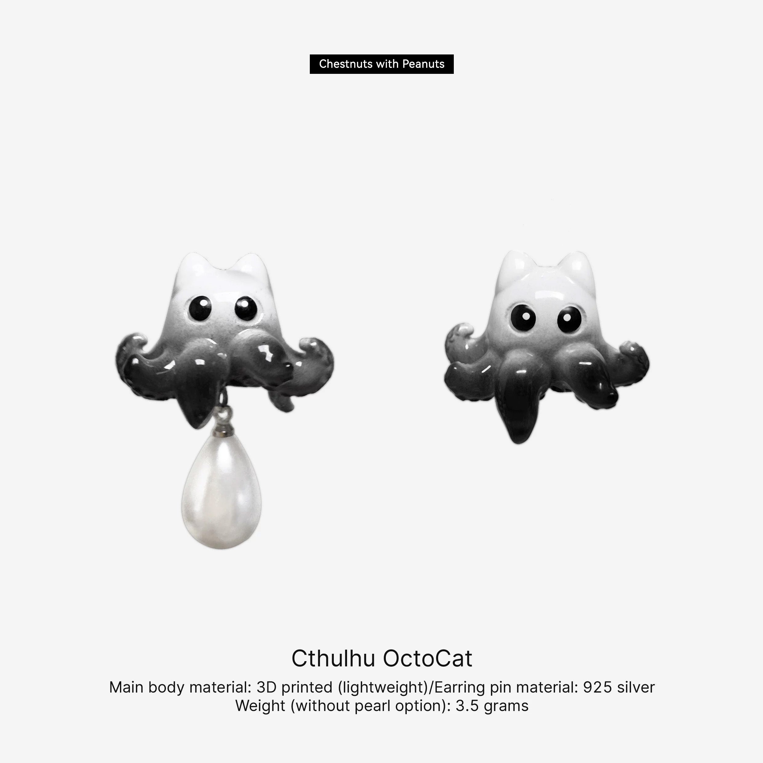 Cthulhu OctoCat earrings with pearl drop on a white background
