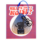 Keychain with guitar and cat design on a 'What's That Noise?' branded card.