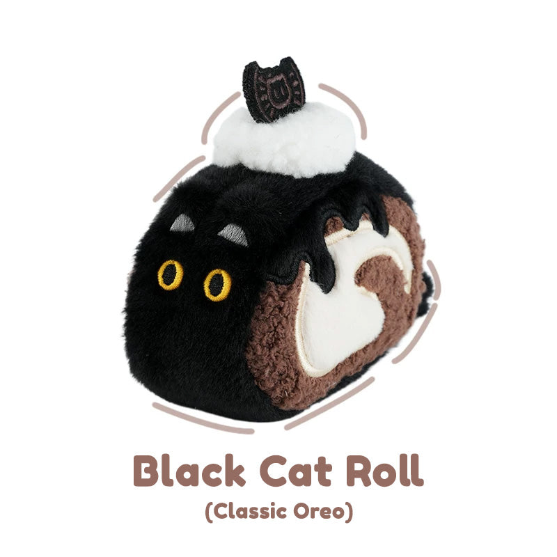 Plush toy shaped like a black cat roll with white cream, on a white background.