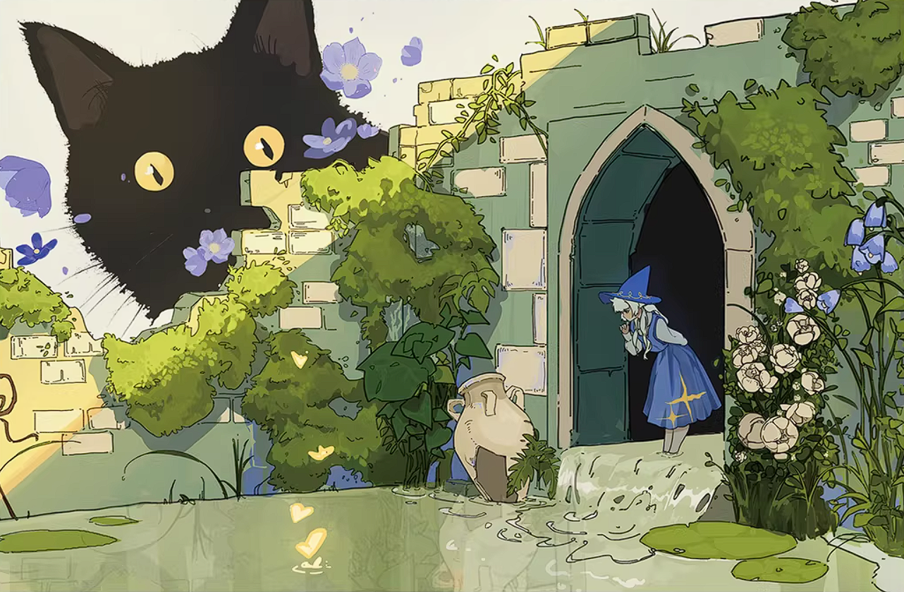 Illustration of a black cat with yellow eyes,  and a witch in a garden setting.