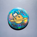 Holographic button with a cat on a planet, saying 'BYE HUMANS' on a gray background