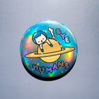 Holographic button with a cat on a planet, saying 'BYE HUMANS' on a gray background