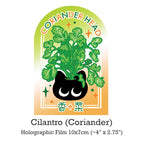 Holographic film sticker of cilantro with a black cat design on a white background