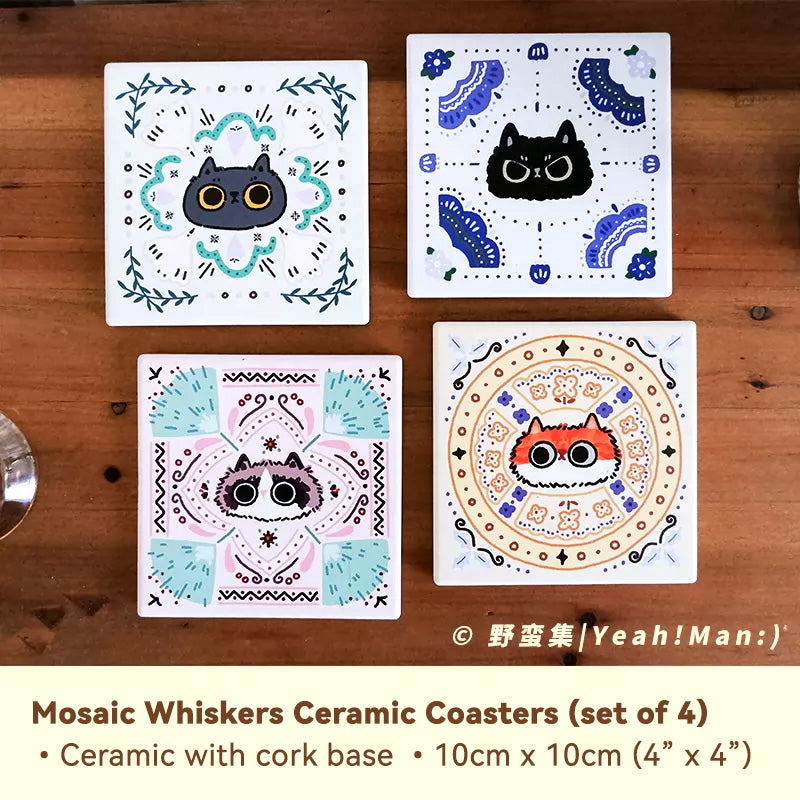 Set of four mosaic whiskers ceramic coasters on a wooden surface with product details.