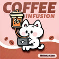 Enamel pin of a cartoon cat holding a coffee cup with 'Coffee Infusion' text on a pink background