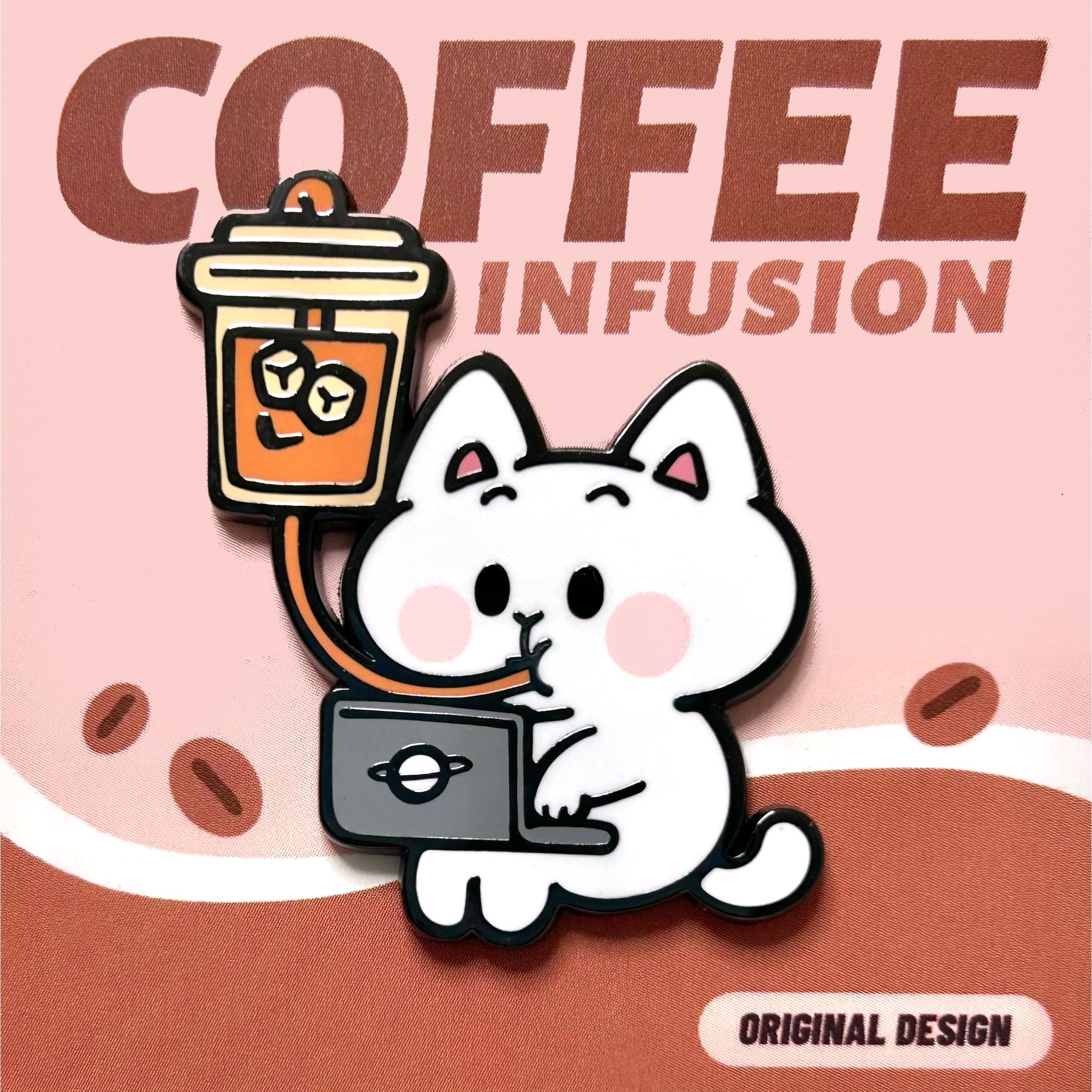 Enamel pin of a cartoon cat holding a coffee cup with 'Coffee Infusion' text on a pink background