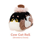 Plush toy shaped like a cow cat roll with strawberry cocoa flavor on a white background