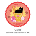 Spice Cat Garlic sticker with a black cat in a bowl, garlic cloves, and 'Black Cat Restaurant' text on a white background.