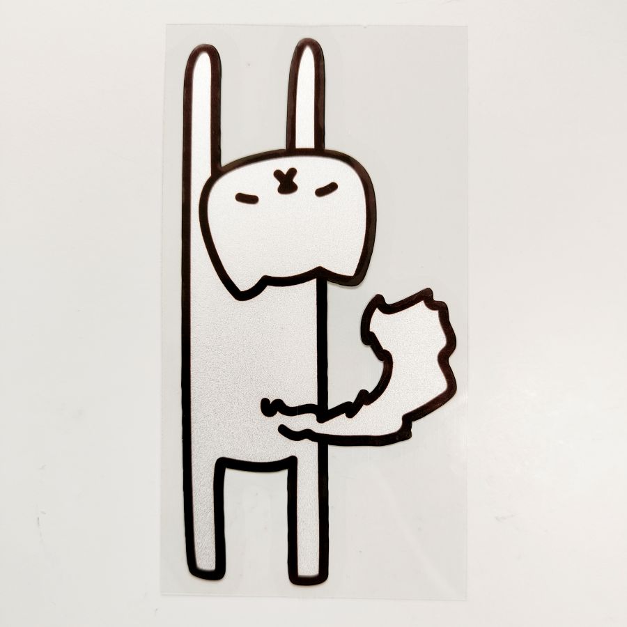 Simple black line drawing of a cartoon cat with hands stretched up on a white background