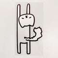 Simple black line drawing of a cartoon cat with hands stretched up on a white background