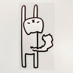 Simple black line drawing of a cartoon cat with hands stretched up on a white background