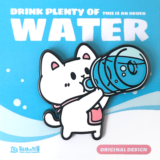 Cartoon cat character with a water bottle on a blue background with text about drinking water.