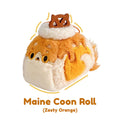 Plush toy resembling a Maine Coon cat roll with a cookie on a white background