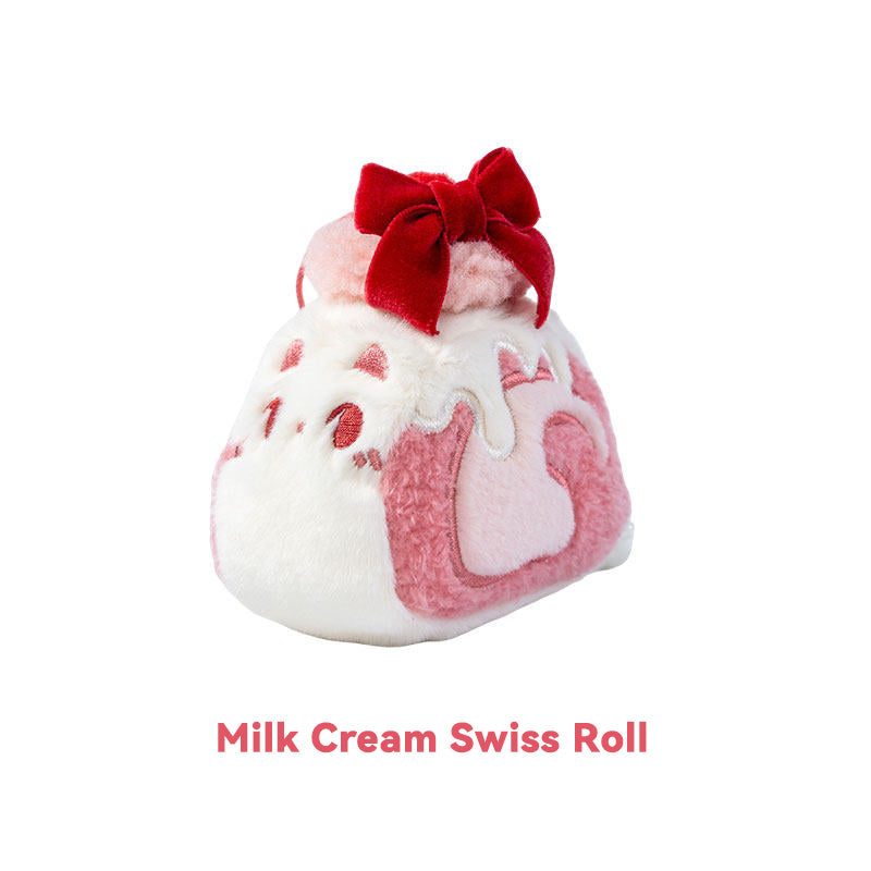 Toy resembling a milk cream swiss roll with a red bow on a white background