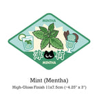 Mint-themed sticker with leaves, a glass of mint juice, and ice cream on a white background.