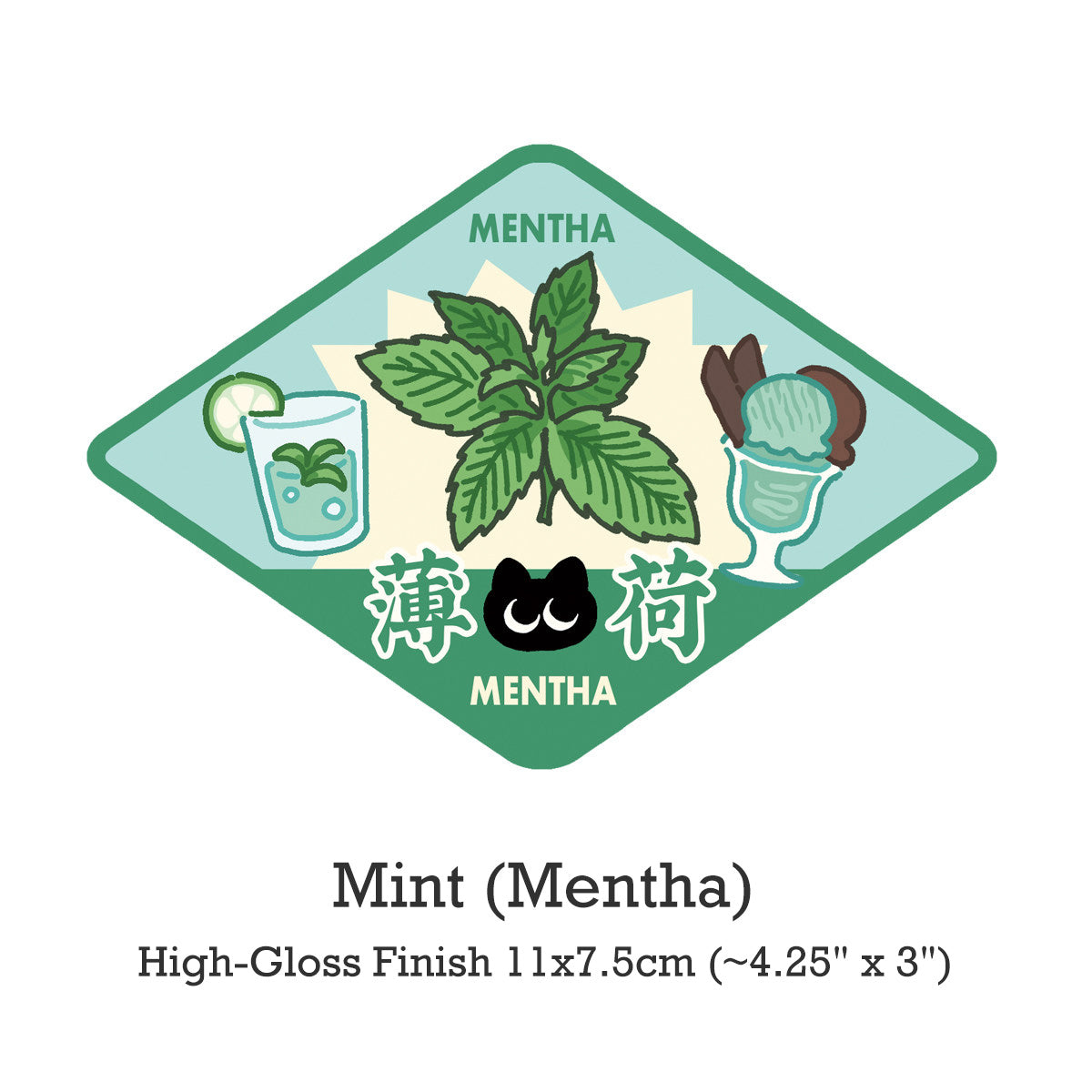 Mint-themed sticker with leaves, a glass of mint juice, and ice cream on a white background.
