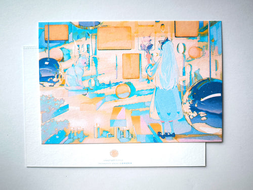 "My Own Bakery" Healing Postcard: Girl in Blue, Winter Snow. A one-person shop