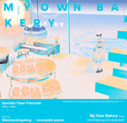 Illustrated bakery scene with a character and text 'My Own Bakery' on a blue background