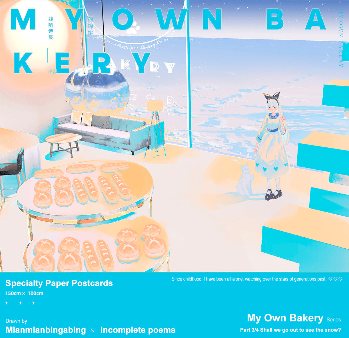 Illustrated bakery scene with a character and text 'My Own Bakery' on a blue background