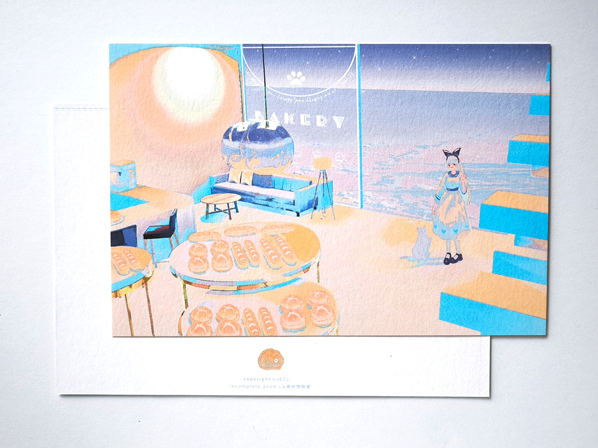 "My Own Bakery" Healing Postcard: Girl in Blue, Winter Snow. Shall we go out to see the snow?