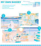 A postcard set featuring a girl in a bakery with her cat.