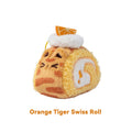 Plush toy resembling an orange tiger with a Swiss roll design on a white background