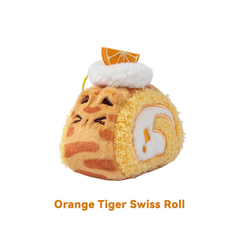 Plush toy resembling an orange tiger with a Swiss roll design on a white background