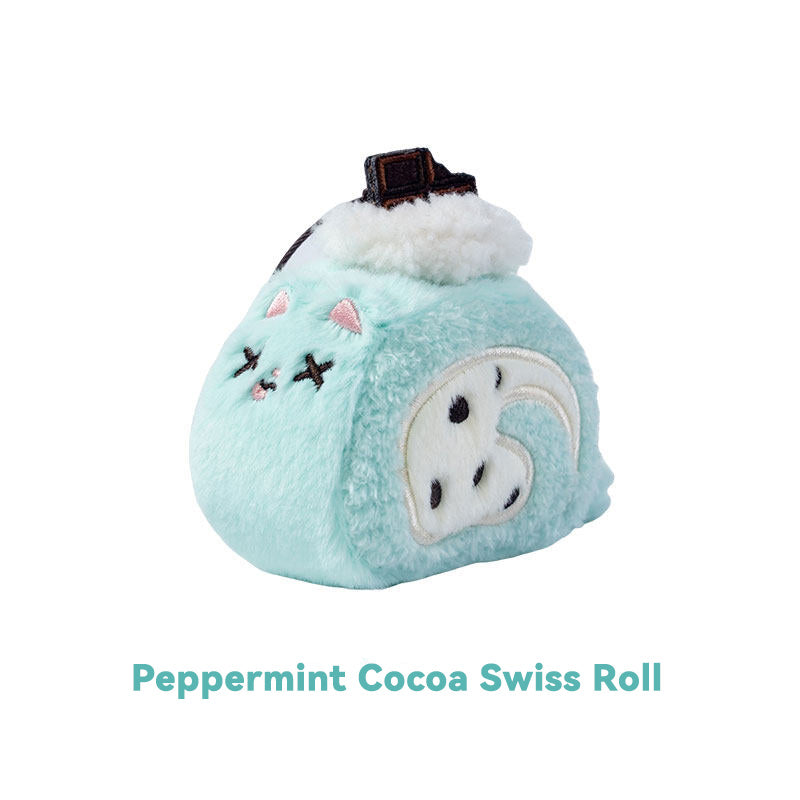 Plush toy resembling a peppermint cocoa swiss roll on a white background