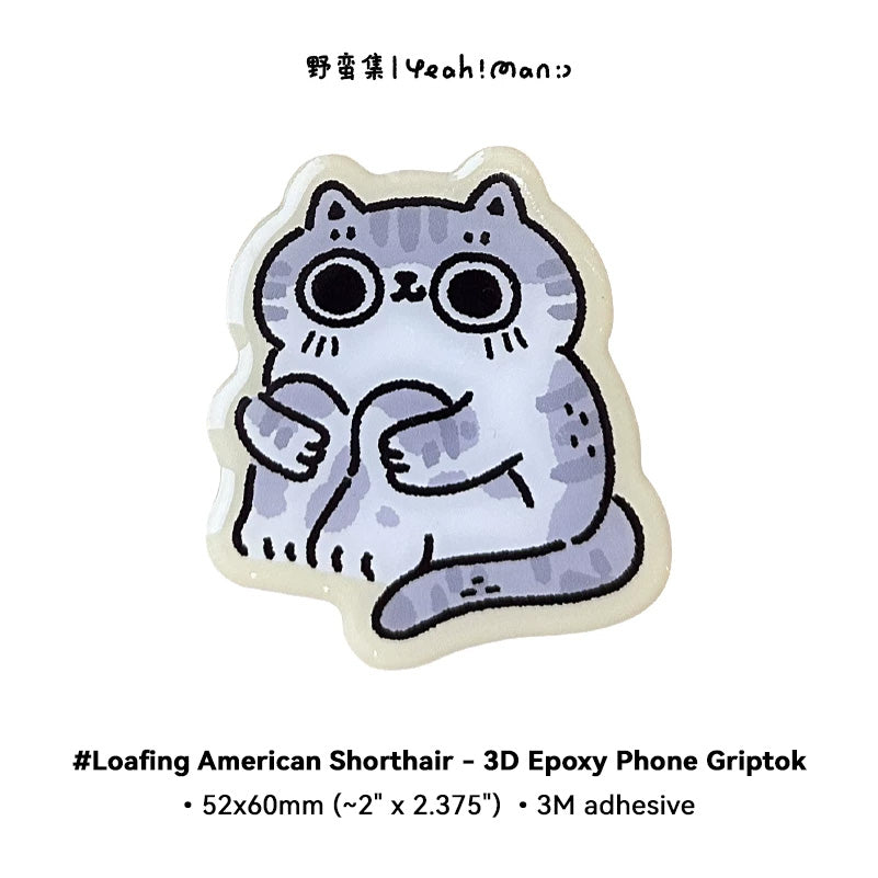 3D epoxy phone grip with silver tabby cat design on a white background