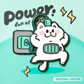 enamel pin of Cartoon cat with power symbol on a light blue background