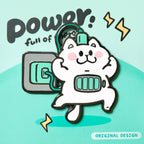 enamel pin of Cartoon cat with power symbol on a light blue background