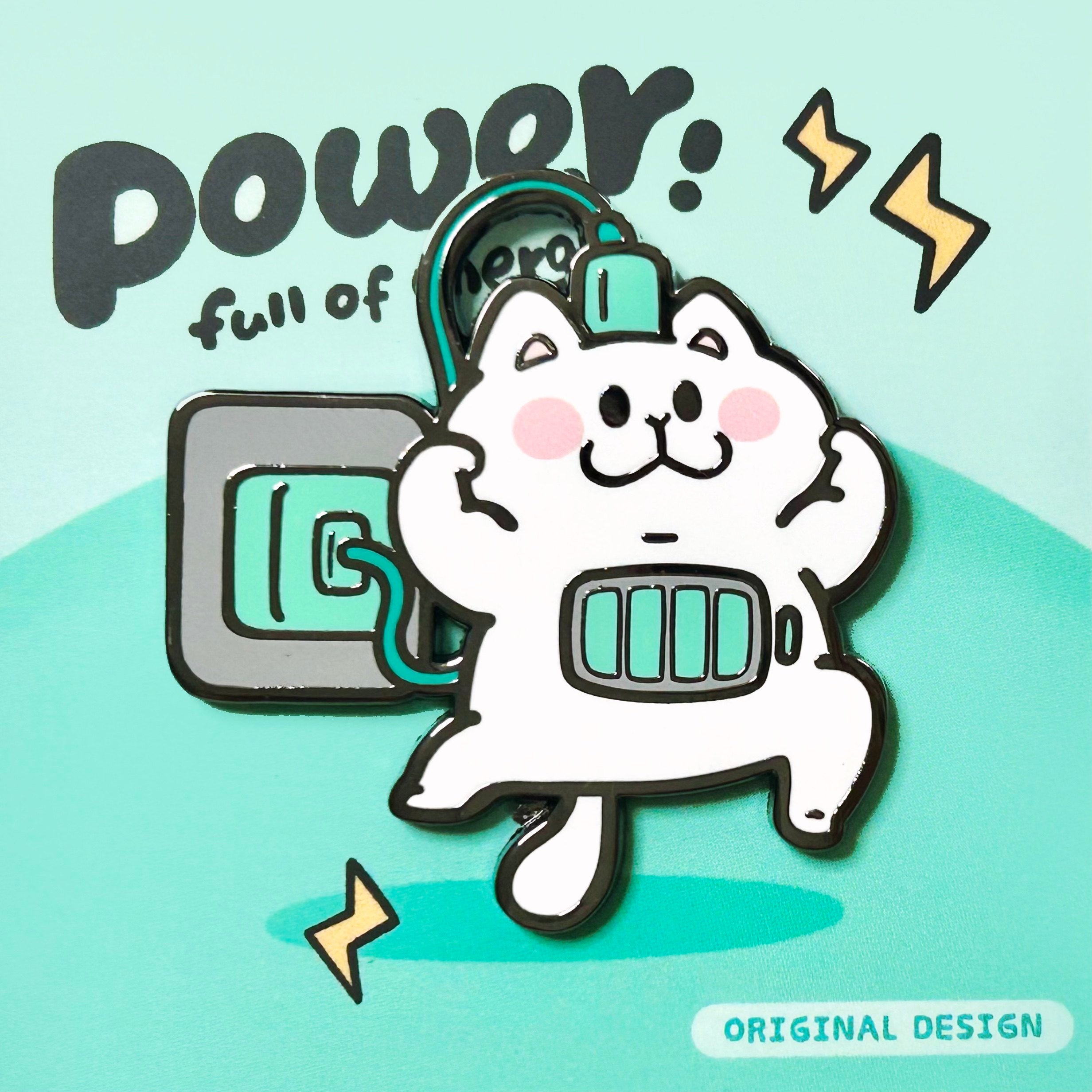 enamel pin of Cartoon cat with power symbol on a light blue background