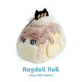 Plush toy resembling a ragdoll cat as a Swiss roll on a white background