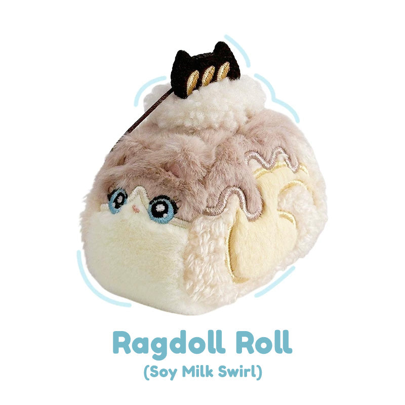 Plush toy resembling a ragdoll cat as a Swiss roll on a white background