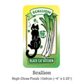 Sticker from Black Cat Kitchen featuring a black cat and scallions on a yellow and green background.