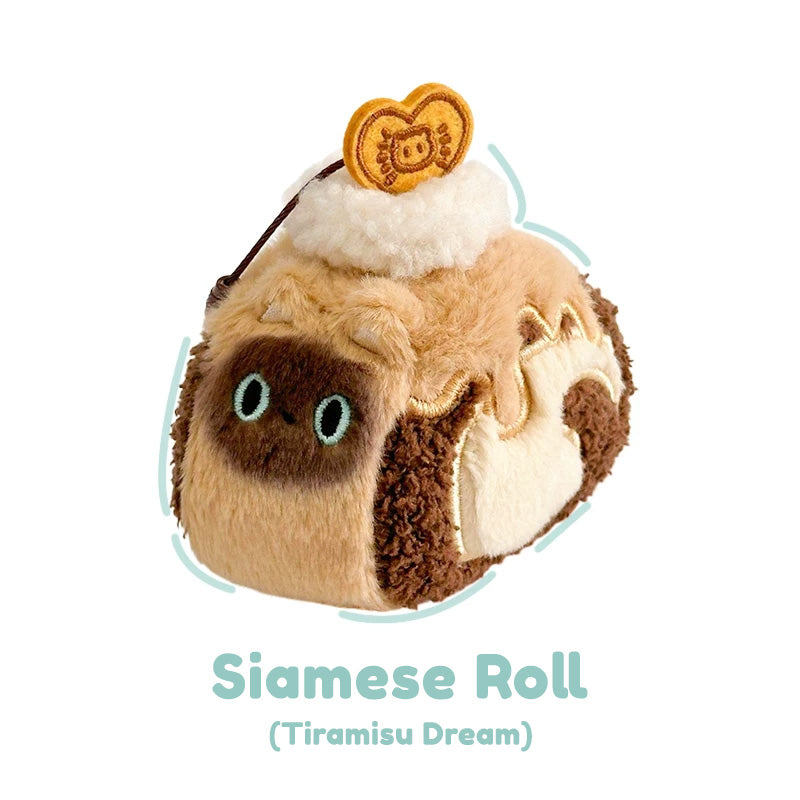 Plush toy resembling a siamese roll with a cookie on top, labeled 'Siamese Roll (Tiramisu Dream)'.