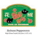 Label for Sichuan peppercorn from Black Cat Restaurant with cartoon black cats and peppercorns.