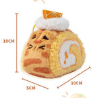 Plush toy resembling a cat swiss roll with an orange theme, shown with measurements on a white background.