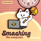Cartoon cat smashing a computer with a hammer, set against a pink and yellow background with a clock.