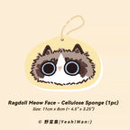 Ragdoll Meow Face cellulose sponge with a hook on a beige background