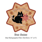 Holographic film with a black cat and star anise design, featuring 'Black Cat Restaurant' text.