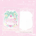 Illustration of a character with a spoonful of shaved ice on a pink background with text.